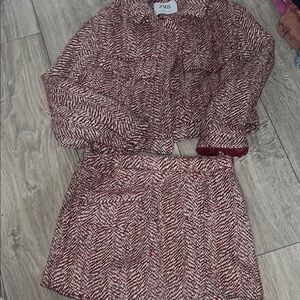 Zara Burgundy and White Tweed Skirt Set